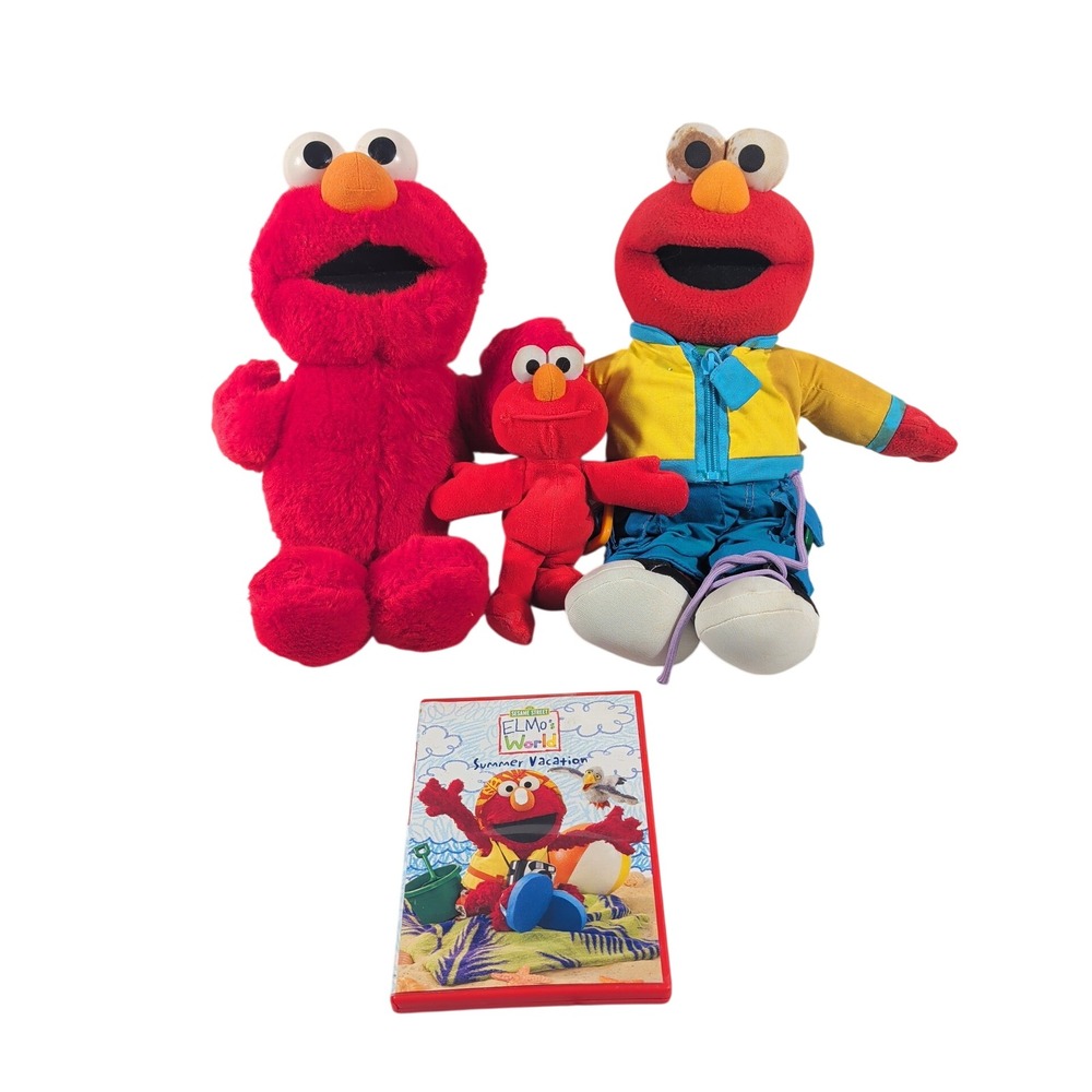 Sesame Street Elmo Plush Toy Lot 3 Red Yellow Blue Tyco Fisher-Price DVD Bundle
